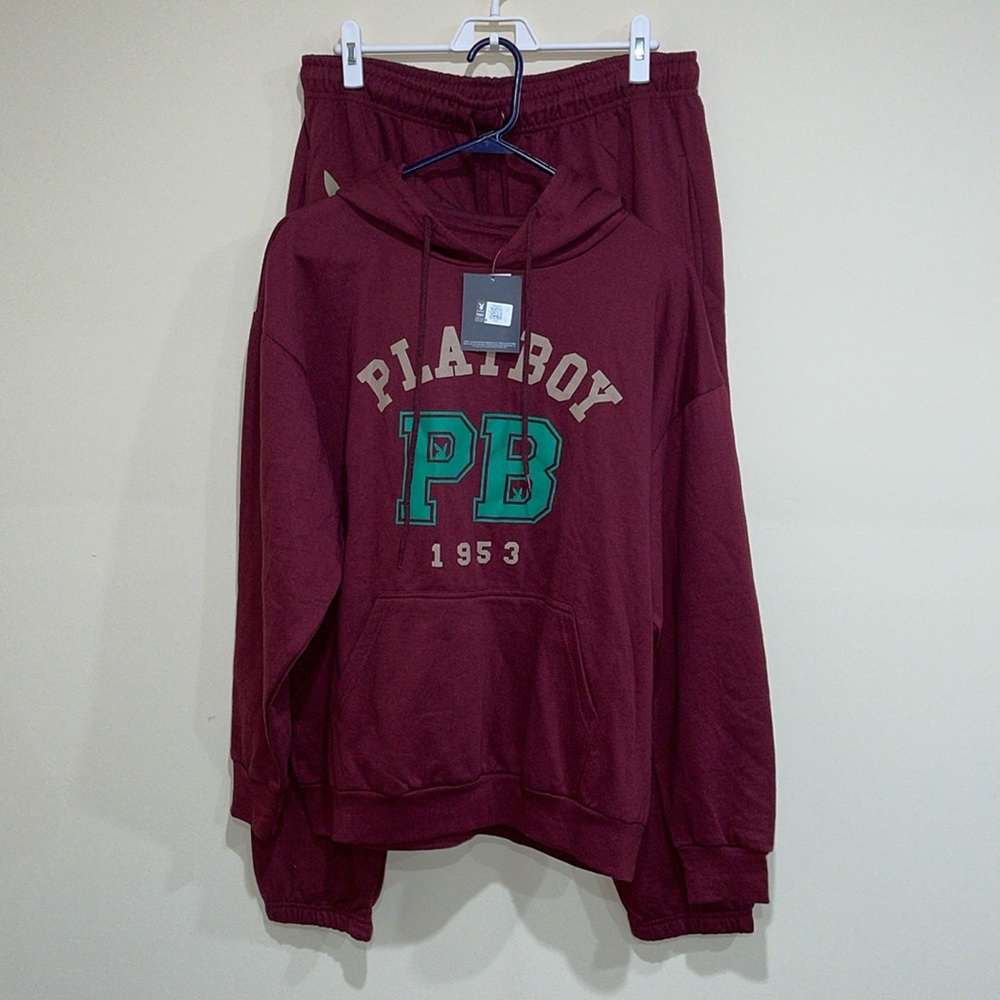 NWT Playboy Maroon Sweat Set - Hoodie (Size L) Sweatpants (Size XL)